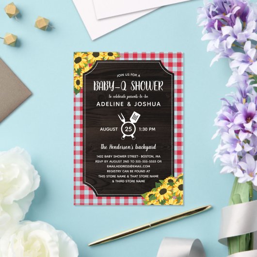 Rustieke rode Gingham Zonnebloemen Baby-Q Douche Acryl Uitnodigingen (Insitu (Huwelijk))