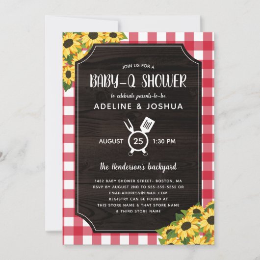 Rustieke rode Gingham Zonnebloemen Baby-Q Douche Kaart (Voorkant)