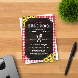 Rustieke rode gingham zonnebloemen Baby-Q Shower Acryl Uitnodigingen
