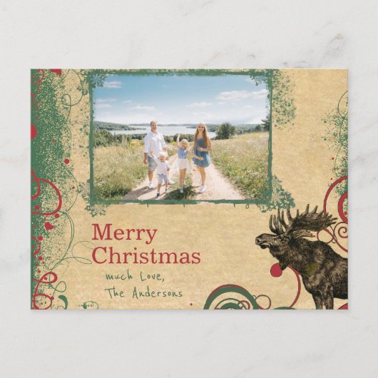 Rustieke rode groene familie kerst foto feestdagenkaart (Voorkant)
