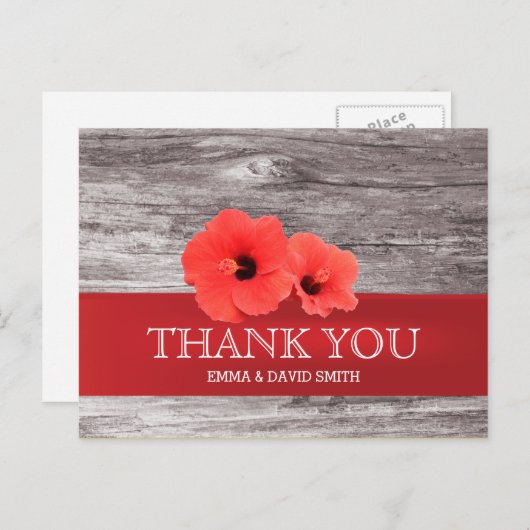 Rustieke rode Hibiscus houten achtergrond Dank u Briefkaart (Voorkant / Achterkant)