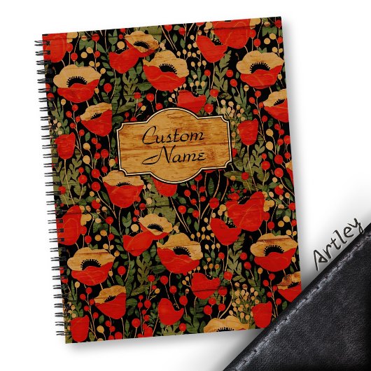 Rustieke Rode Houtkorrel Poppy Floral Notitieboek