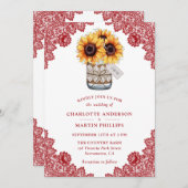 Rustieke rode kant zonnebloem bruiloft kaart (Voorkant / Achterkant)