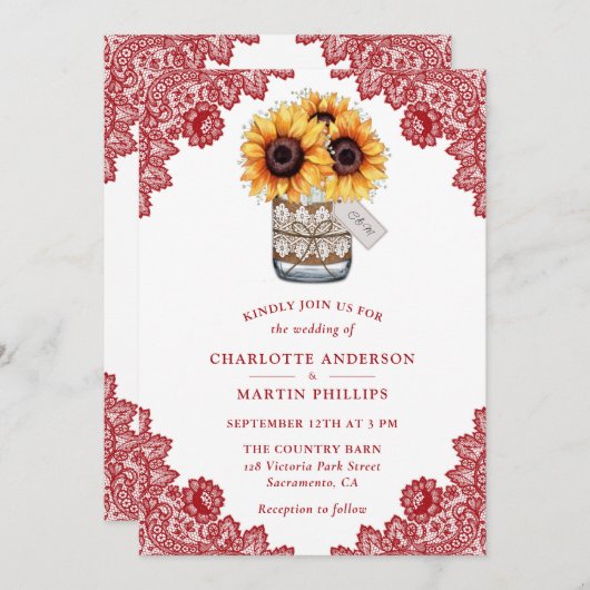 Rustieke rode kant zonnebloem bruiloft kaart (Voorkant / Achterkant)