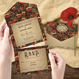 Rustieke rode klaprozen hout Alles in één bruiloft All In One Uitnodiging