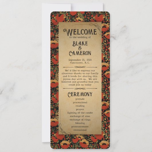 Rustieke rode klaprozen  hout bruiloft programma (Voorkant)