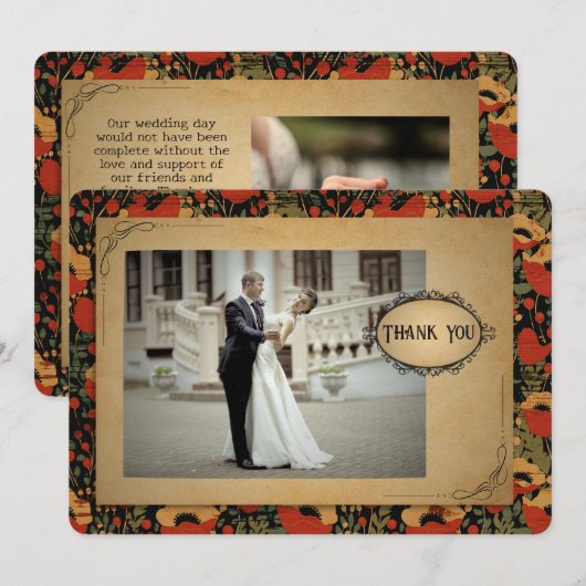 Rustieke rode klaprozen  houten bruiloft bedankkaart (Voorkant / Achterkant)