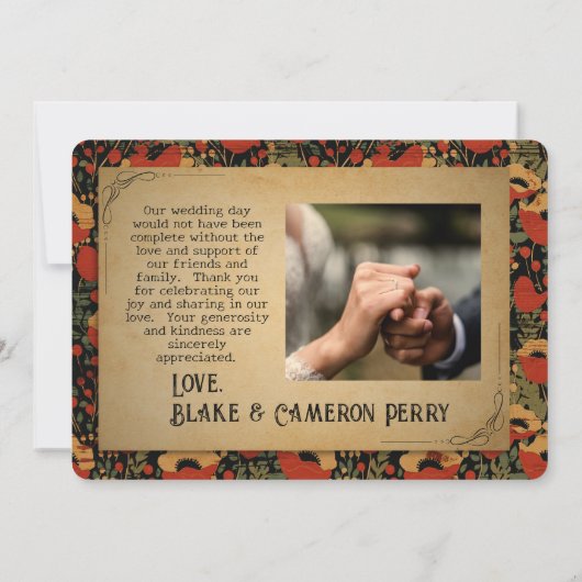 Rustieke rode klaprozen  houten bruiloft bedankkaart (Achterkant)