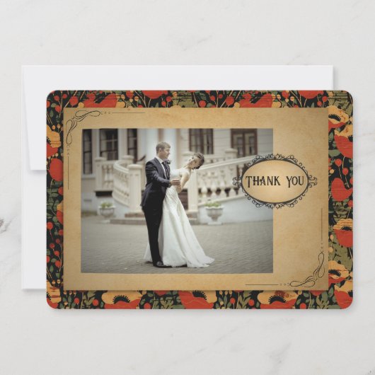 Rustieke rode klaprozen  houten bruiloft bedankkaart (Voorkant)