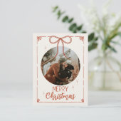 Rustieke Rode Lint Vrolijke Kerstfoto Feestdagenkaart (Staand voorkant)