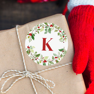 Rustieke rode monogram Holly laat bessen kerst Ronde Sticker