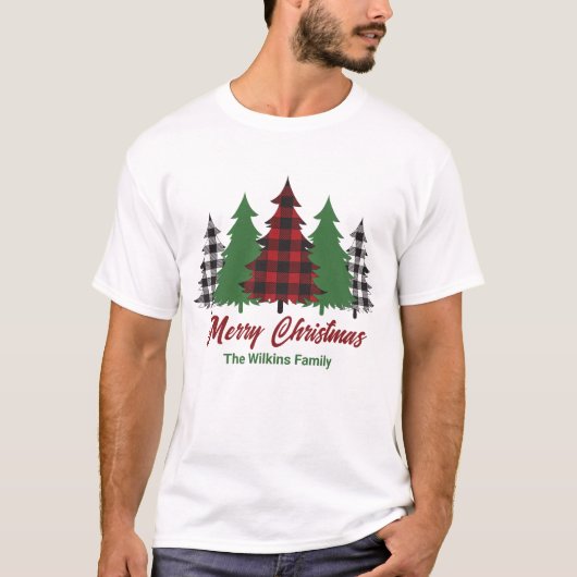 Rustieke Rode Plakken Vrolijke Kerstbomen Custom T-shirt (Voorkant)