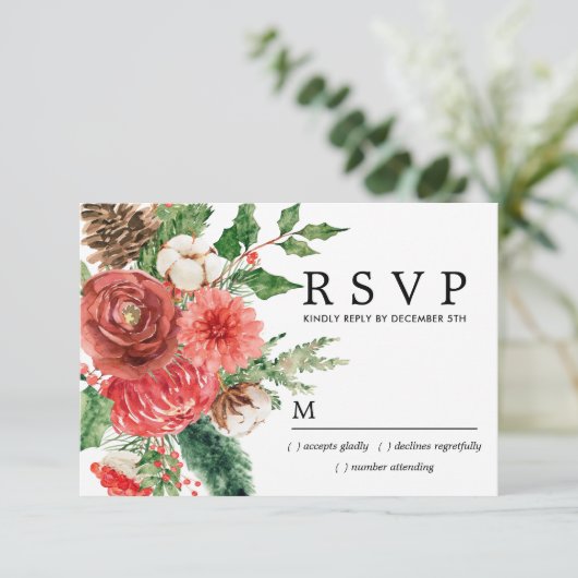 Rustieke rode roos winter botanische bruiloft RSVP (Staand voorkant)