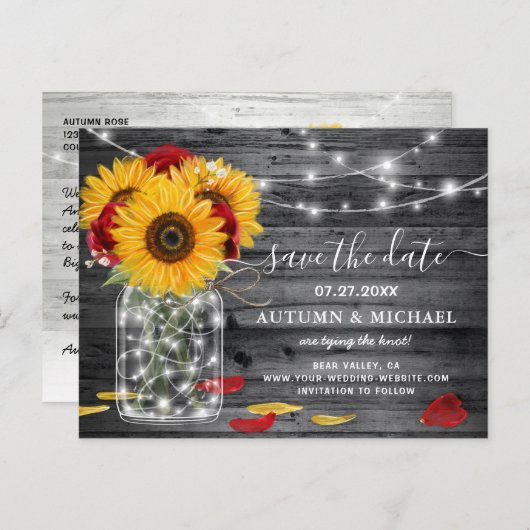 Rustieke Rode Roos Zonnebloem Huwelijk Save the Da Aankondigingskaart (Voorkant / Achterkant)