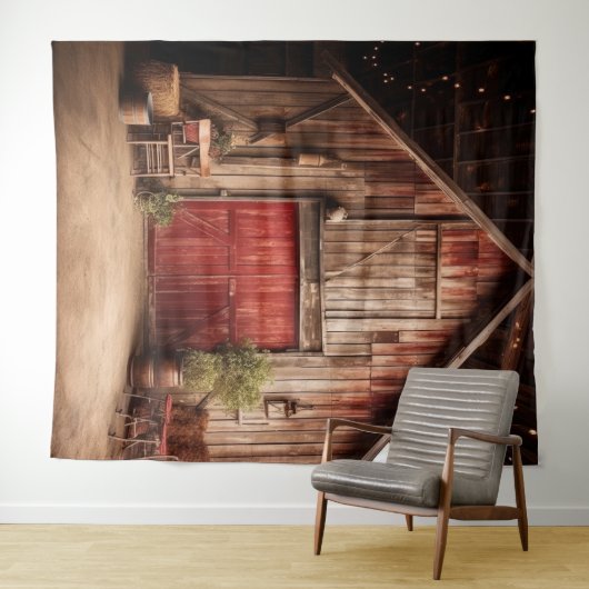 Rustieke rode schuur deur opknoping wandkleed (In Situ (horizontaal))