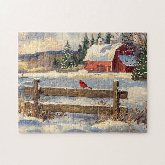 Rustieke rode schuur Kardinaal Bird Farmhouse Legpuzzel (Horizontaal)