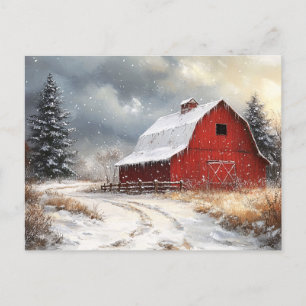 Rustieke Rode Schuur Winter Schilderachtig Kunst Briefkaart