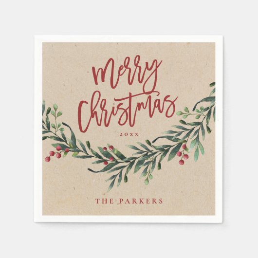 Rustieke Rode Script Kerstmis Groenelementen Servet (Voorkant)