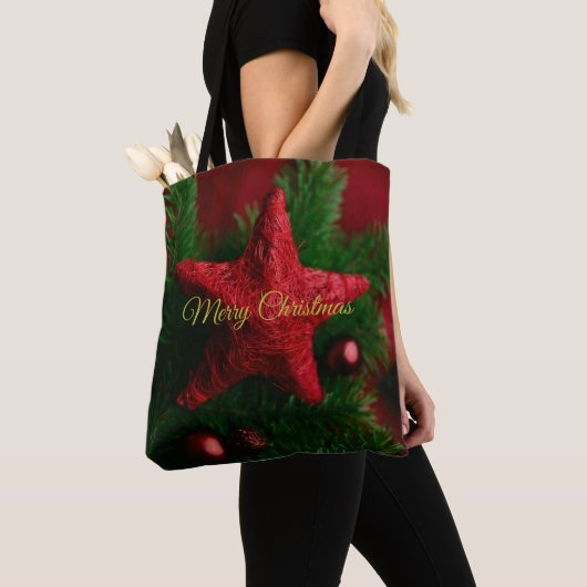 Rustieke Rode Ster Kerst Gezellige Canvas tas (Dichtbij)