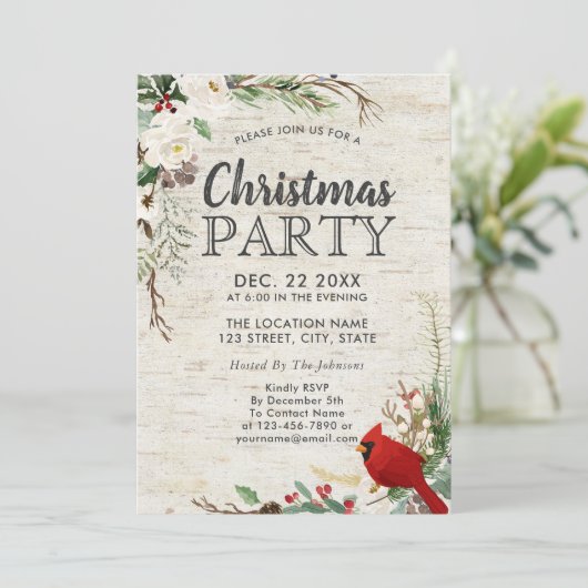 Rustieke rode vogel winter groen berken feest kaart (Staand voorkant)