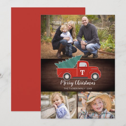 Rustieke  Rode Vrachtwagen 3-Foto Kerst Kaart (Voorkant / Achterkant)