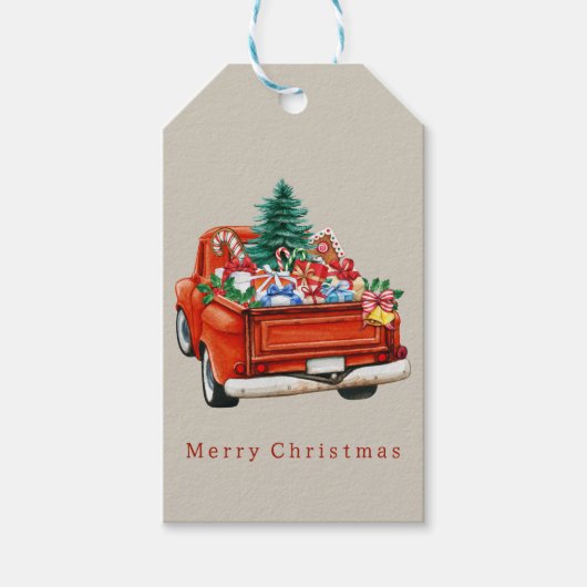 Rustieke  rode vrachtwagen kerst cadeaulabel (Voorkant)