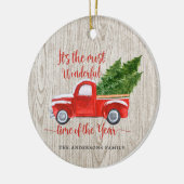 Rustieke rode vrachtwagen kerstboom familie keramisch ornament (Links)