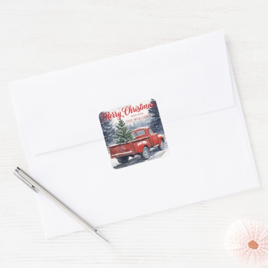 Rustieke Rode Vrachtwagen Kerstcadeau Sticker (Envelop)