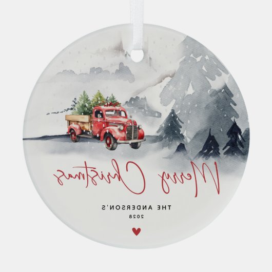 Rustieke rode vrachtwagen Kerstmis gepersonaliseer Glas Ornament (Achterkant)