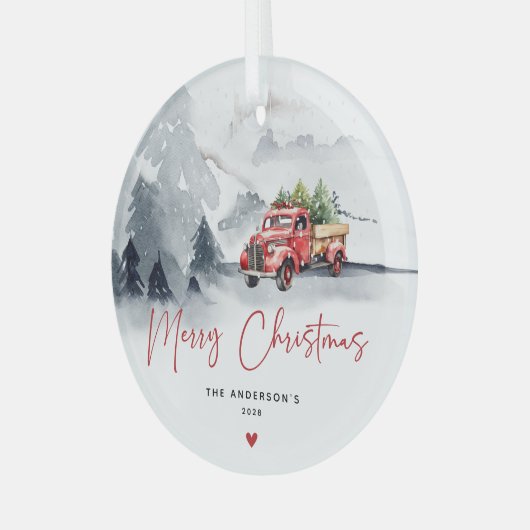 Rustieke rode vrachtwagen Kerstmis gepersonaliseer Glas Ornament (Voorkant links)