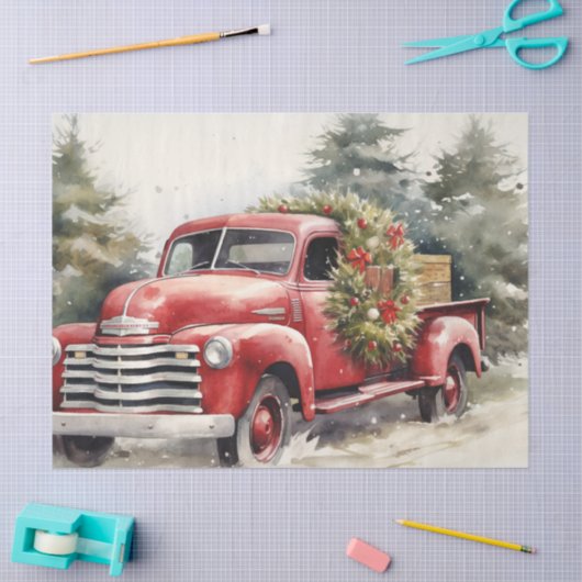 Rustieke rode vrachtwagen met besneeuwde kerstbome tissuepapier (Craft)