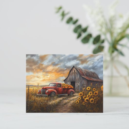 Rustieke rode vrachtwagen met pompoenen en zonnebl briefkaart (Staand voorkant)