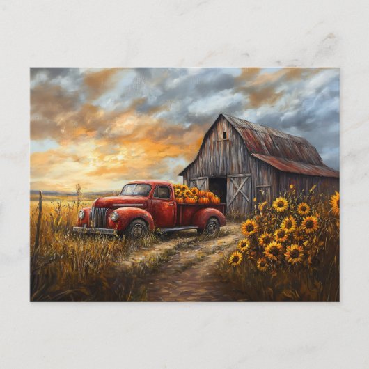 Rustieke rode vrachtwagen met pompoenen en zonnebl briefkaart (Voorkant)