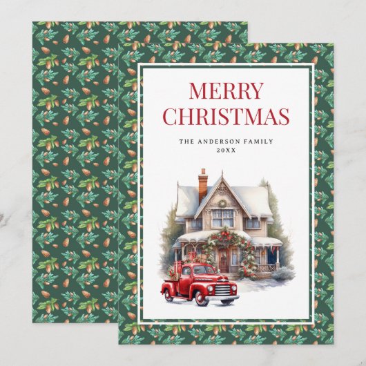 Rustieke rode vrachtwagen Vrolijk kerstfeest Feestdagenkaart (Voorkant / Achterkant)