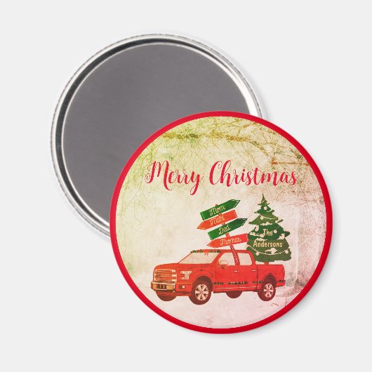 Rustieke  rode vrachtwagen Vrolijk kerstfeest Magneet (Voorkant / Achterkant)