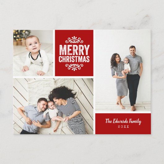 Rustieke rode vrolijke kerst 3 foto collage feestdagenkaart (Voorkant)