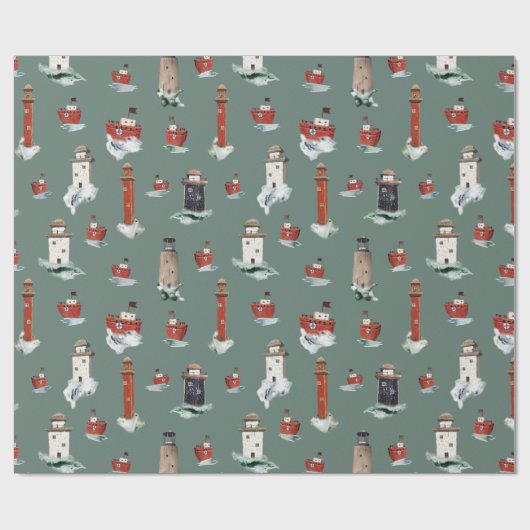 Rustieke Rode Vuurtorens Boten In Stormachtige Zee Cadeaupapier (Vlak)