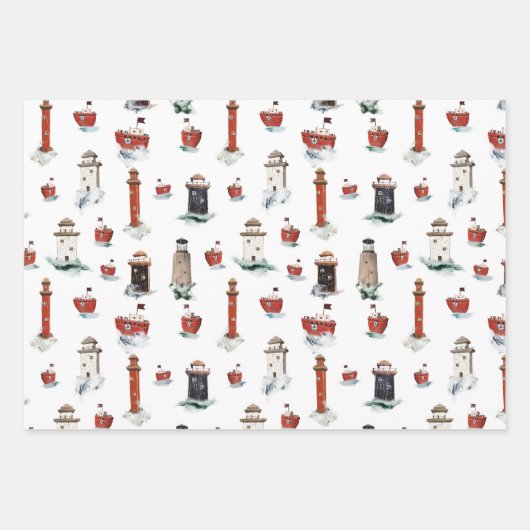 Rustieke rode vuurtorens en boten in stormachtige inpakpapier vel (Voorkant 3)