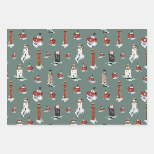 Rustieke rode vuurtorens en boten in stormachtige inpakpapier vel (Voorkant 2)