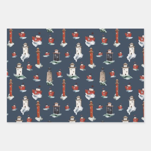 Rustieke rode vuurtorens en boten in stormachtige inpakpapier vel (Voorkant)