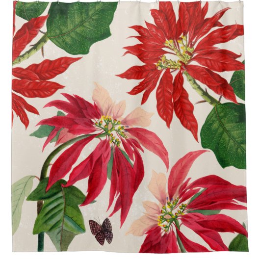 Rustieke Rode Waterverf Poinsettia Bloemengroen Douchegordijn (Voorkant)