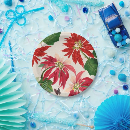 Rustieke Rode Waterverf Poinsettia Bloemengroen Papieren Bordje (Feest)