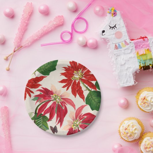 Rustieke Rode Waterverf Poinsettia Bloemengroen Papieren Bordje (Feest)