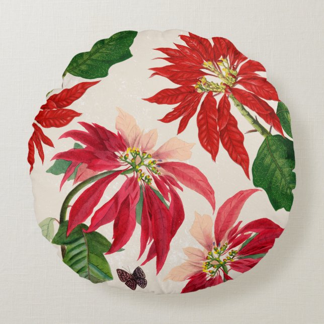 Rustieke Rode Waterverf Poinsettia Bloemengroen Rond Kussen (Voorkant)