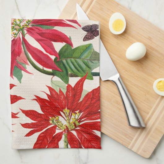 Rustieke Rode Waterverf Poinsettia Bloemengroen Theedoek (Quarter Fold)