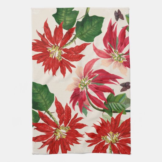 Rustieke Rode Waterverf Poinsettia Bloemengroen Theedoek (Verticaal)