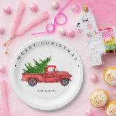 Rustieke rode Waterverf truck met kerstboom Papieren Bordje (Feest)