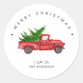 Rustieke rode Waterverf truck met kerstboom Ronde Sticker