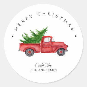 Rustieke rode Waterverf truck met kerstboom Ronde Sticker