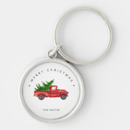 Rustieke rode Waterverf truck met kerstboom Sleutelhanger